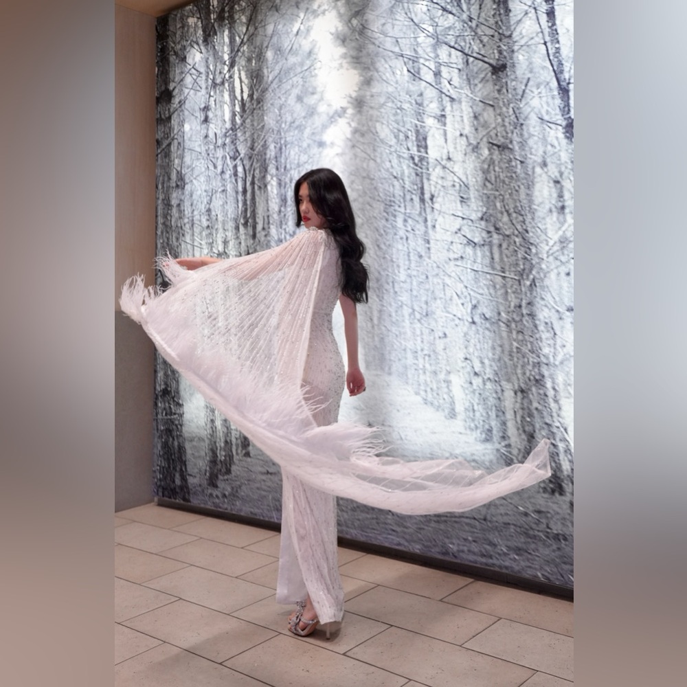 Rachel Gilbert Hand Embellished Ostrich Feather Cape White Gown AU1/US4 NWT